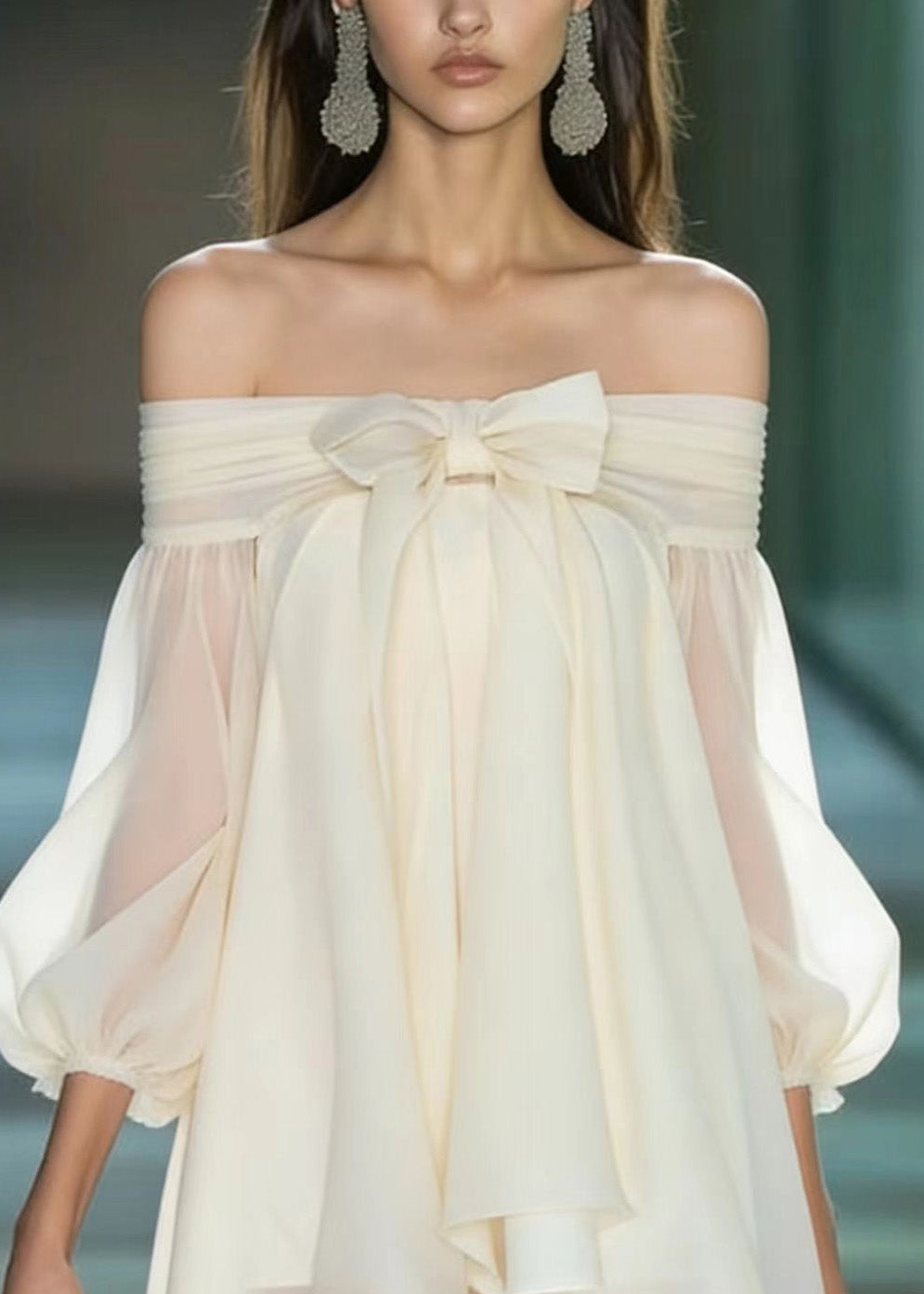 Off Shoulder Bow Front Puff Sleeve Chiffon Mini Dress