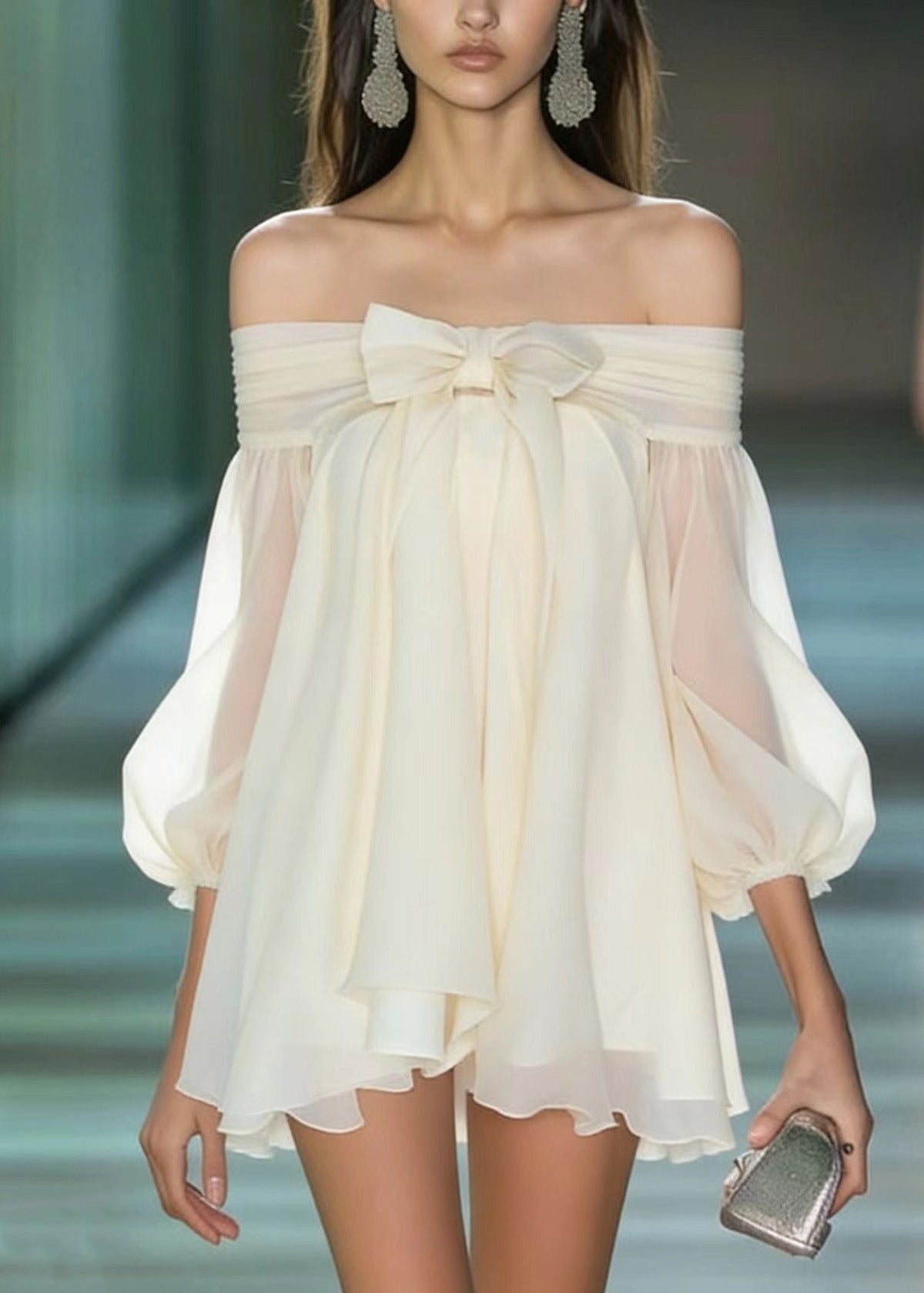 Off Shoulder Bow Front Puff Sleeve Chiffon Mini Dress