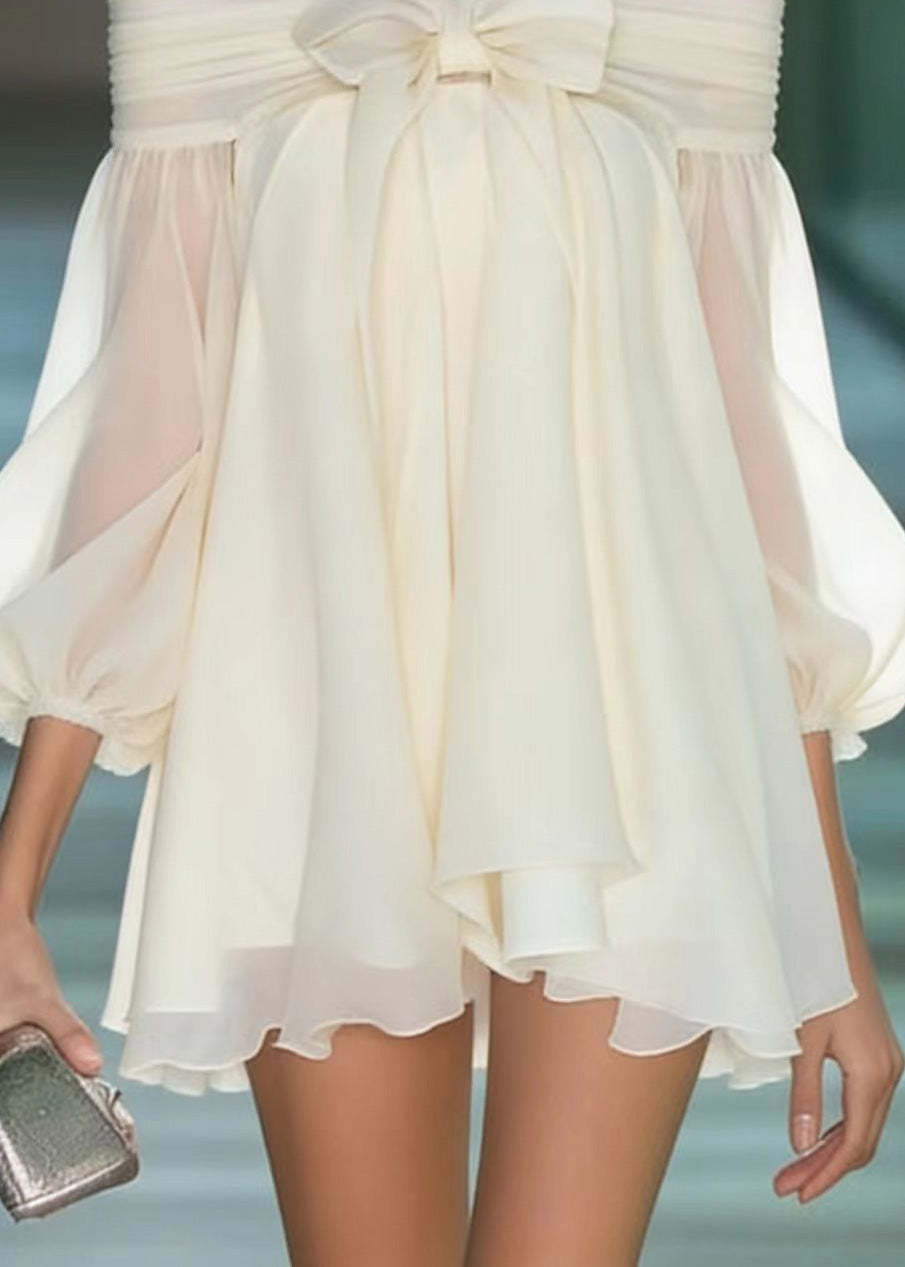 Off Shoulder Bow Front Puff Sleeve Chiffon Mini Dress