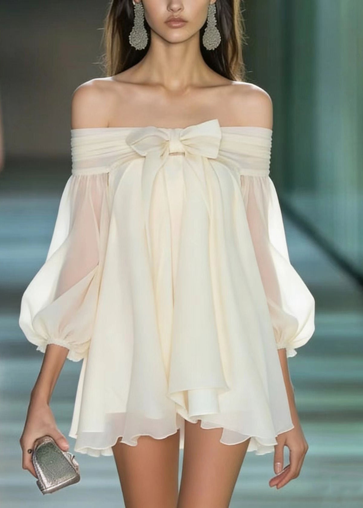 Off Shoulder Bow Front Puff Sleeve Chiffon Mini Dress