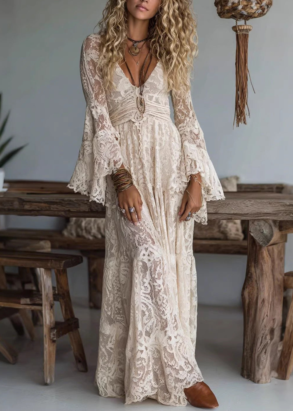 Deep V-Neck Gathered Waist Flared Bell Cuff Lace Floor-Length Dress
