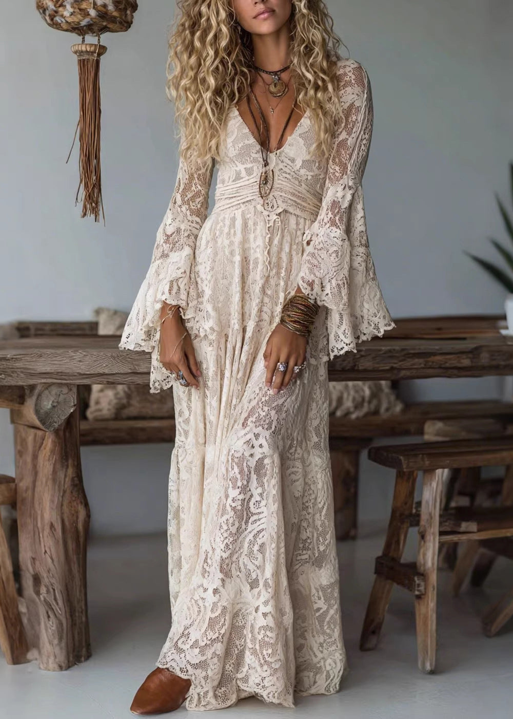 Deep V-Neck Gathered Waist Flared Bell Cuff Lace Floor-Length Dress