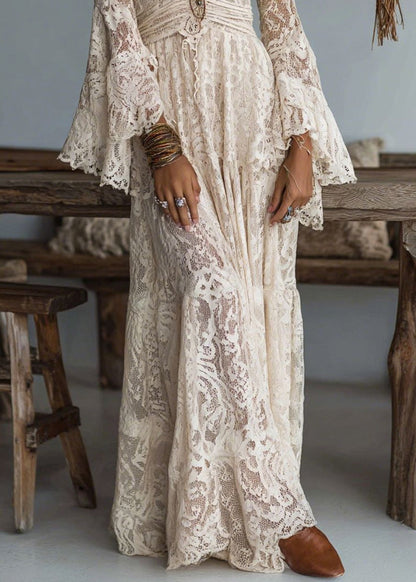 Deep V-Neck Gathered Waist Flared Bell Cuff Lace Floor-Length Dress