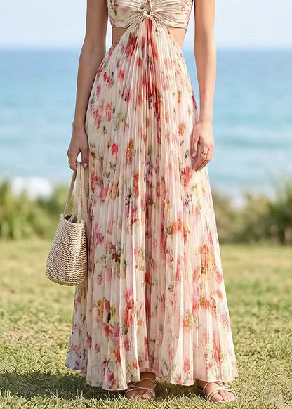 Halter Sweetheart Neck Cutout Waist Pleated Floral Print Maxi Dress