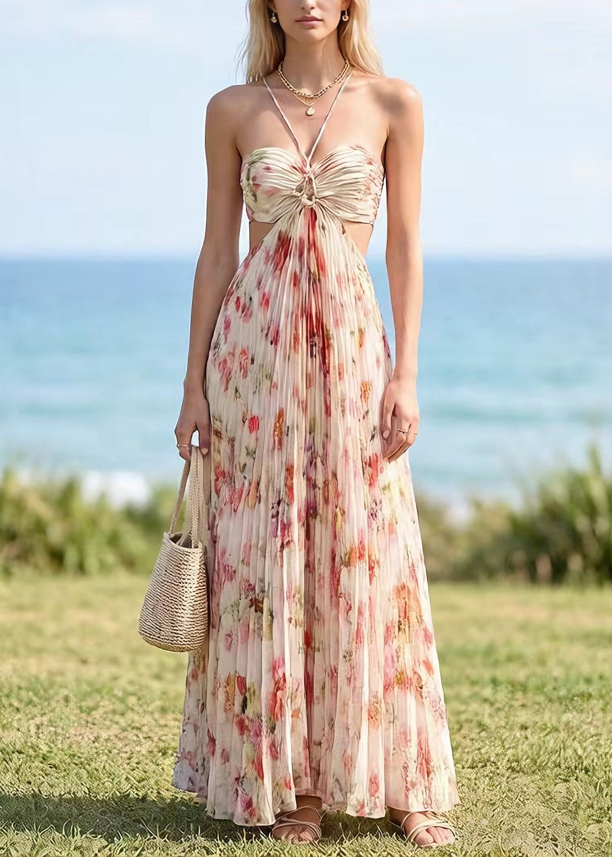 Halter Sweetheart Neck Cutout Waist Pleated Floral Print Maxi Dress