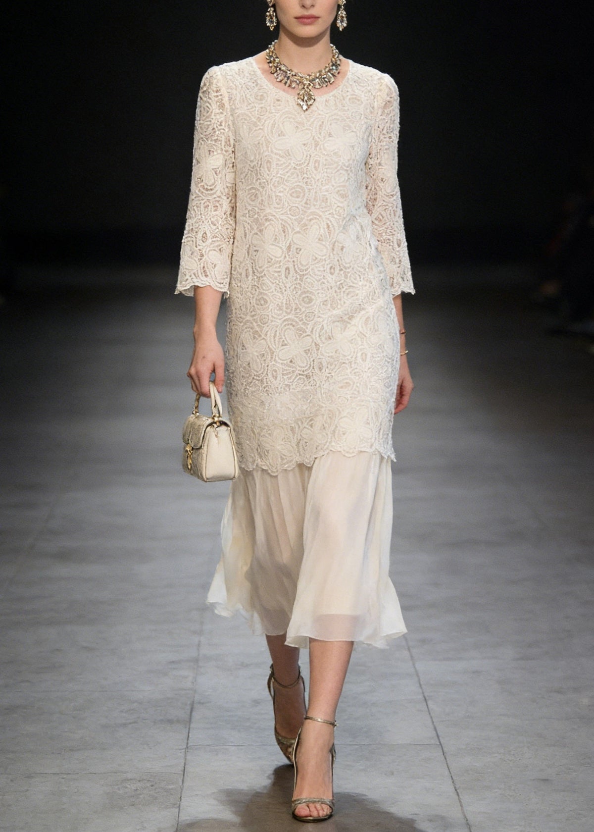 Floral Lace Three-Quarter Sleeve Shift Sheer Chiffon Hem Layered Dress