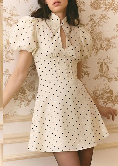 Mandarin Collar Keyhole Puff Sleeve Corset Button Front Mini Dress