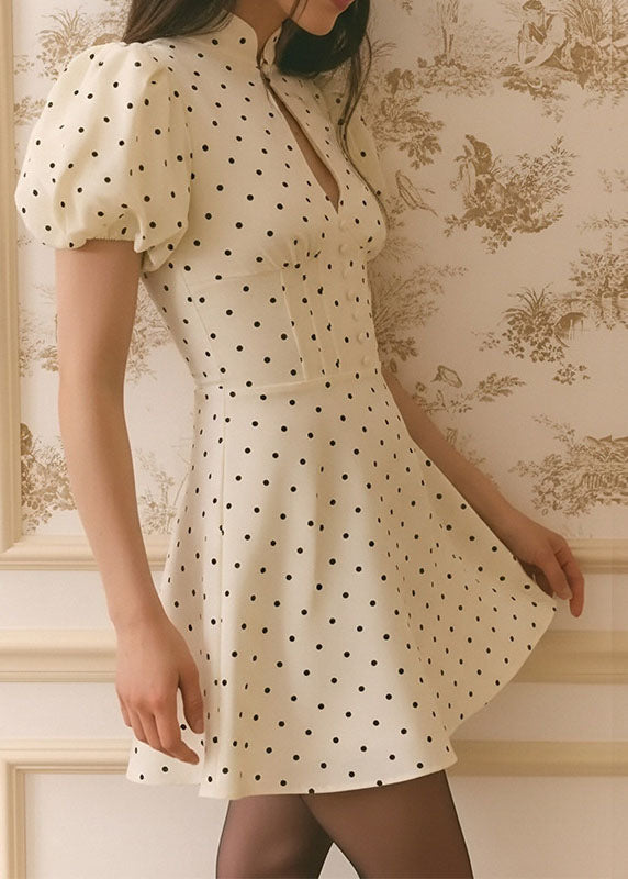 Mandarin Collar Keyhole Puff Sleeve Corset Button Front Mini Dress