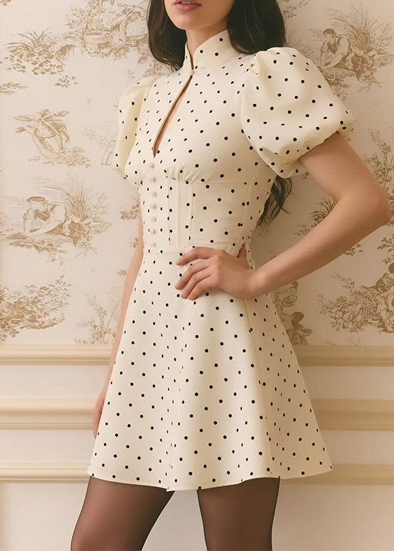 Mandarin Collar Keyhole Puff Sleeve Corset Button Front Mini Dress