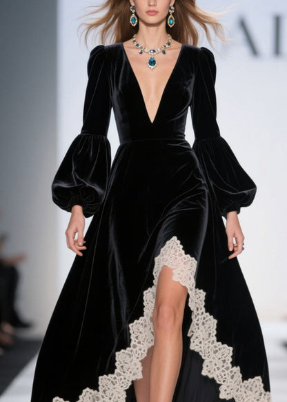 Deep V-Neck Puff Sleeve Lace Trim Scalloped High-Low Velvet Maxi Gown