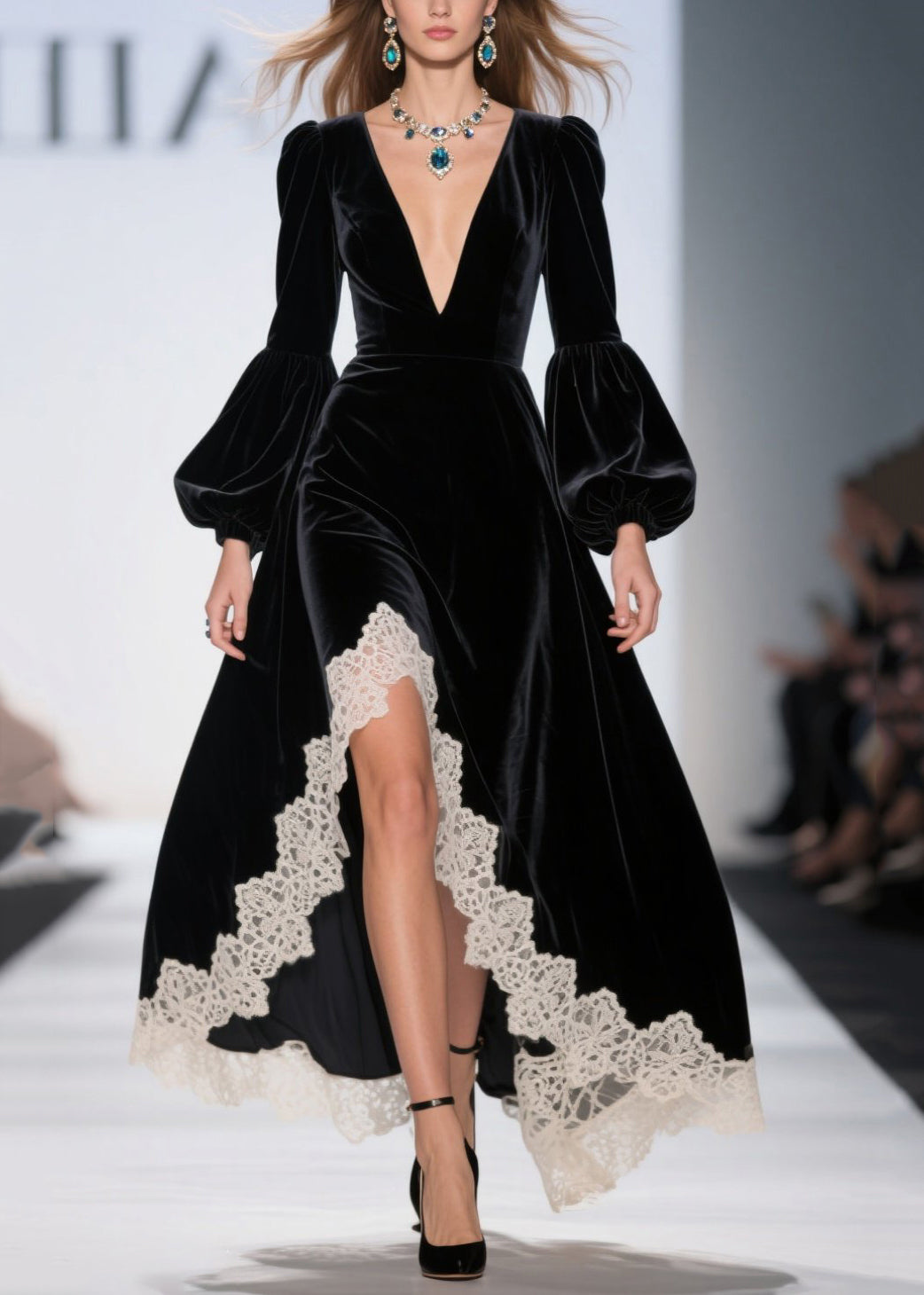 Deep V-Neck Puff Sleeve Lace Trim Scalloped High-Low Velvet Maxi Gown