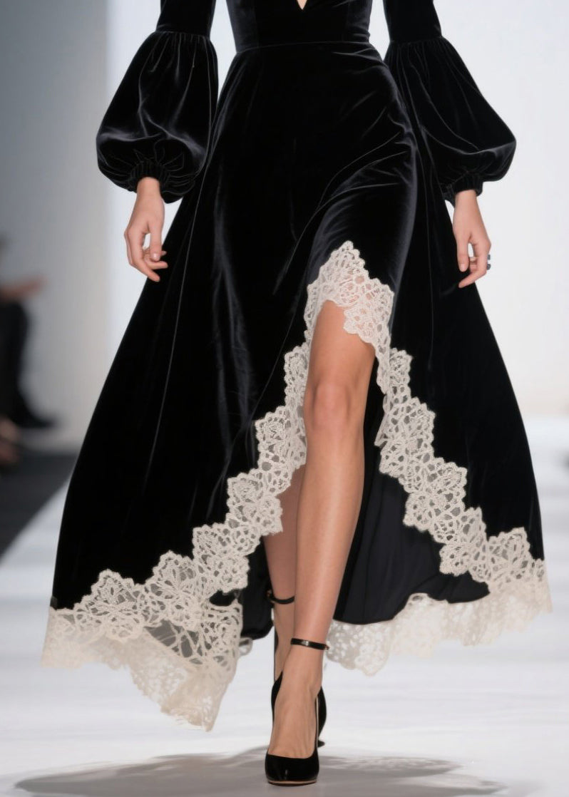 Deep V-Neck Puff Sleeve Lace Trim Scalloped High-Low Velvet Maxi Gown