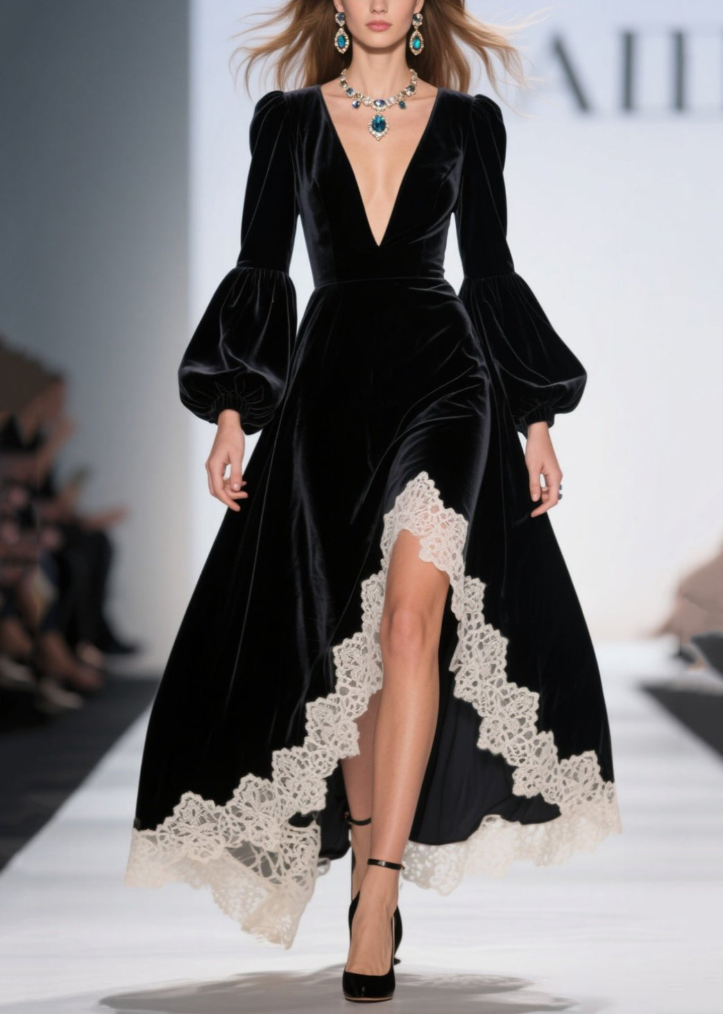 Deep V-Neck Puff Sleeve Lace Trim Scalloped High-Low Velvet Maxi Gown
