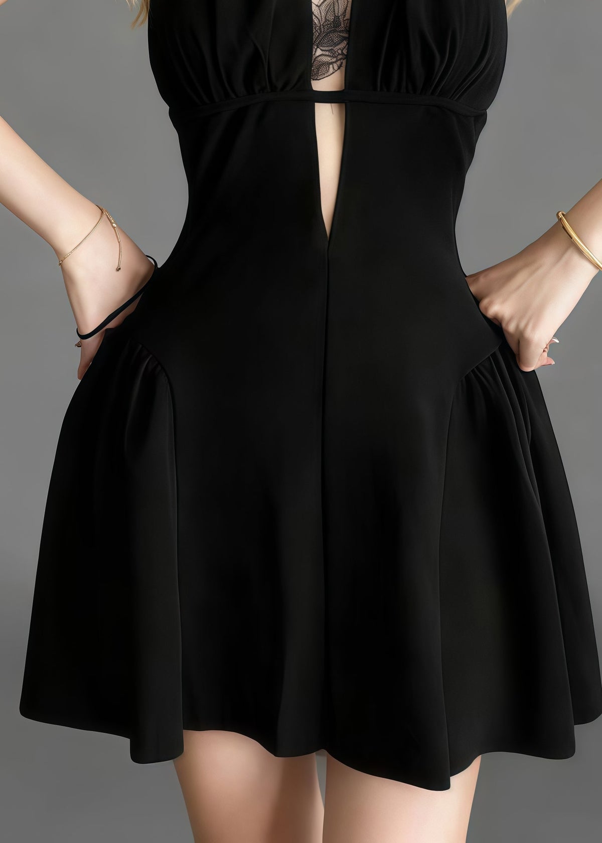 Halter Plunge Lace Insert Keyhole Pocket A-Line Mini Dress