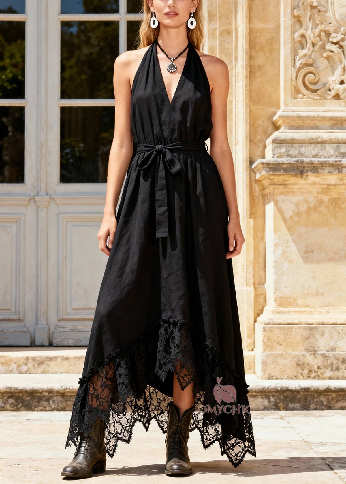Halter Deep V-Neck Sash Tie Lace Trim Handkerchief Hem Maxi Dress