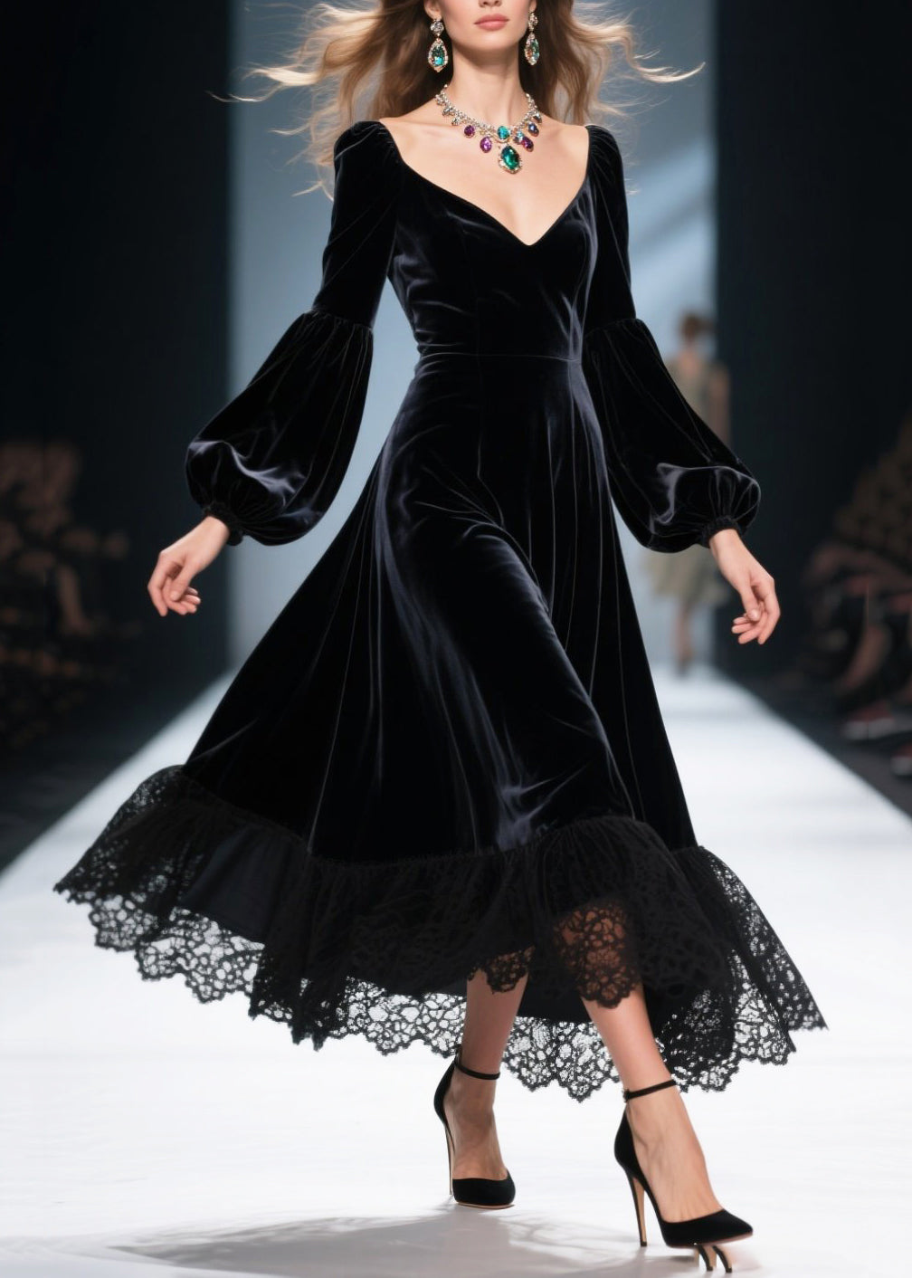 Deep V-Neck Bishop Sleeve Velvet Lace Trim A-Line Midi Dress