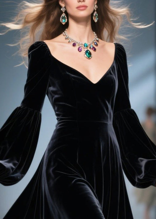 Deep V-Neck Bishop Sleeve Velvet Lace Trim A-Line Midi Dress