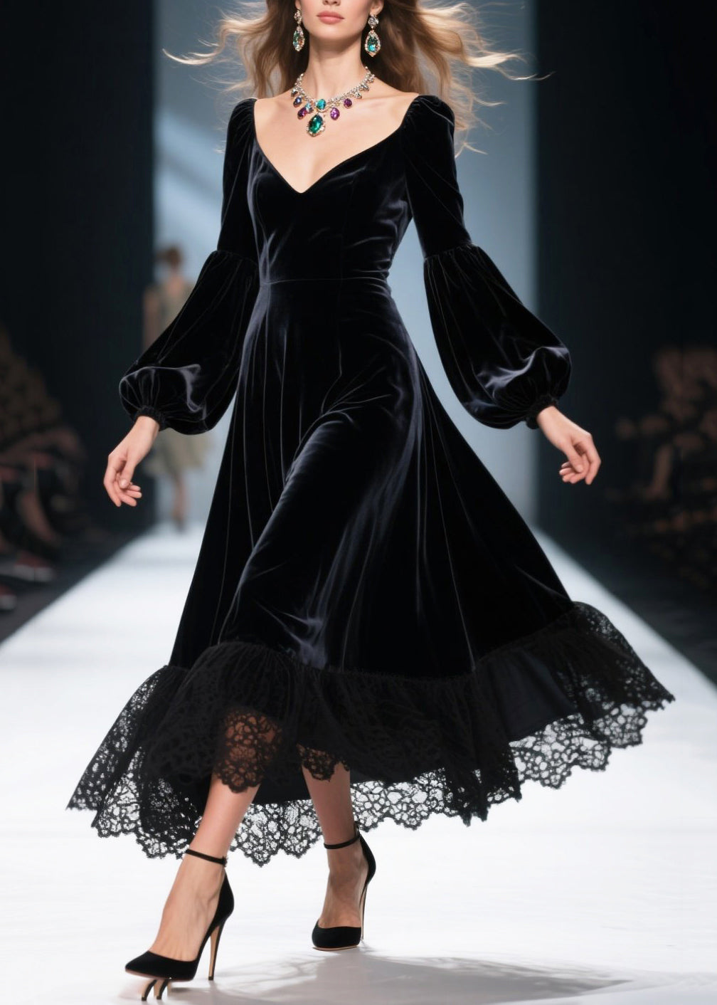 Deep V-Neck Bishop Sleeve Velvet Lace Trim A-Line Midi Dress