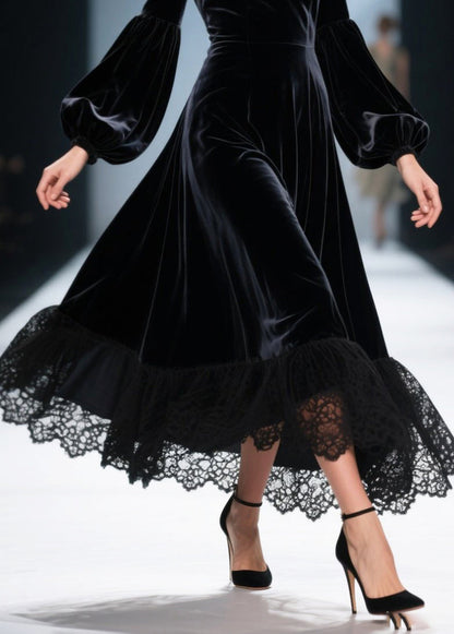 Deep V-Neck Bishop Sleeve Velvet Lace Trim A-Line Midi Dress