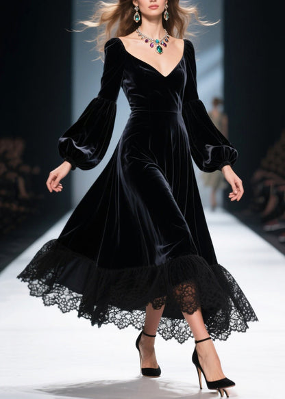 Deep V-Neck Bishop Sleeve Velvet Lace Trim A-Line Midi Dress