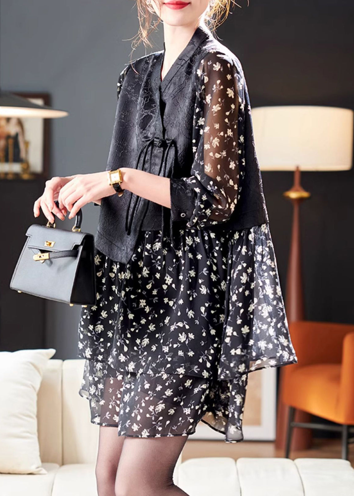Deep V-Neck Lace Up Print Patchwork Chiffon Midi Dress