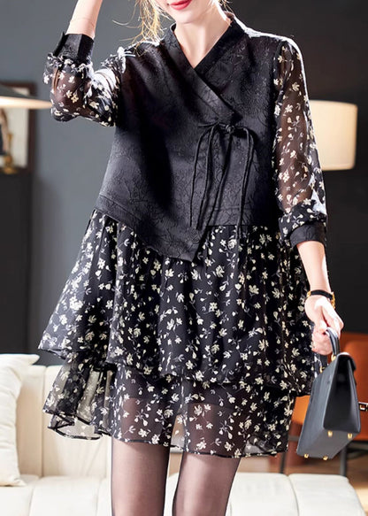Deep V-Neck Lace Up Print Patchwork Chiffon Midi Dress