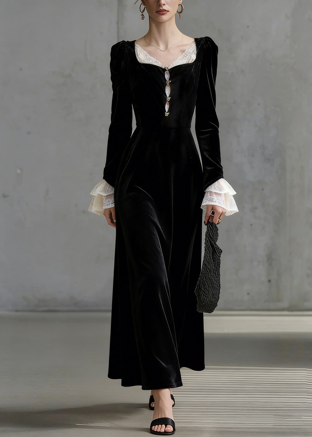 Sweetheart Neck Lace Trim Jewel Button Tiered Ruffle Cuff Velvet Maxi Dress