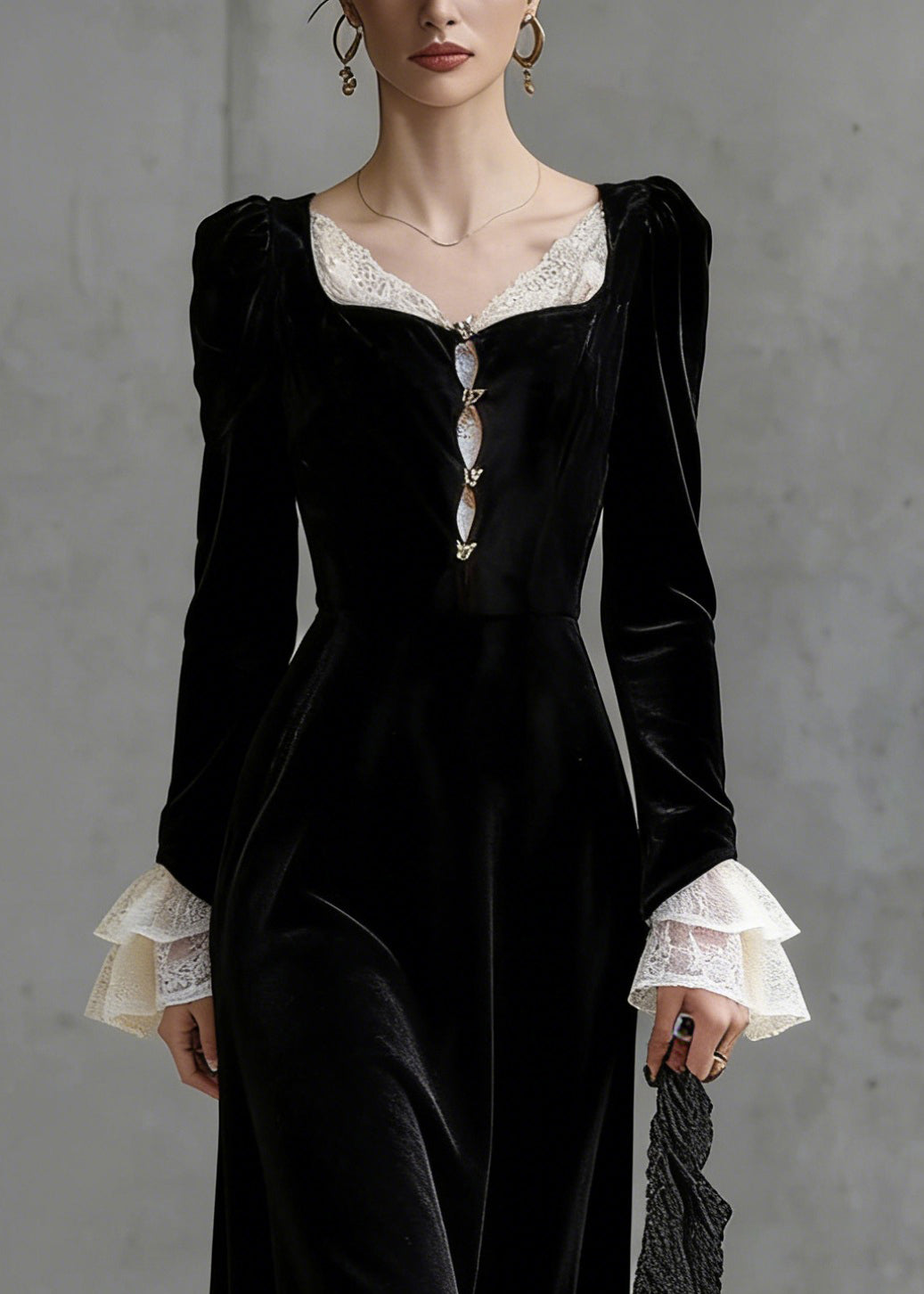 Sweetheart Neck Lace Trim Jewel Button Tiered Ruffle Cuff Velvet Maxi Dress