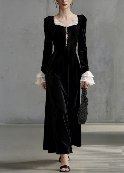 Sweetheart Neck Lace Trim Jewel Button Tiered Ruffle Cuff Velvet Maxi Dress