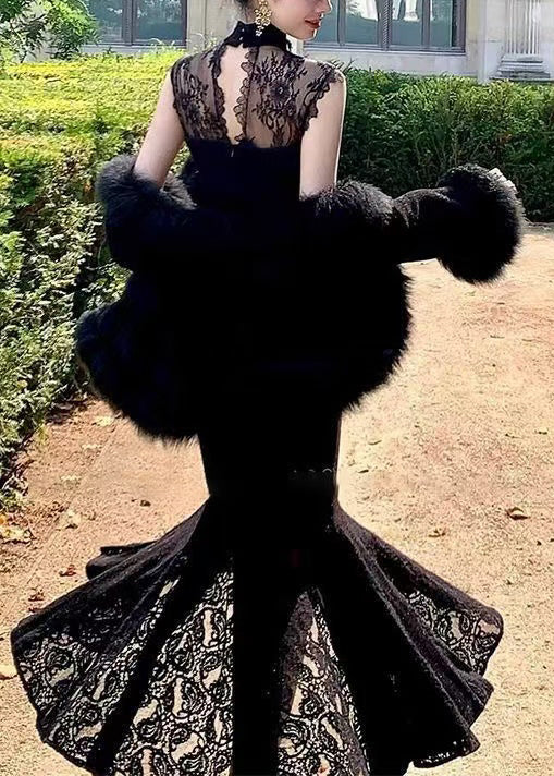 Stand Collar Lace Back Mermaid Hem Fur Trim Bolero Maxi Gown