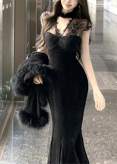 Stand Collar Lace Back Mermaid Hem Fur Trim Bolero Maxi Gown