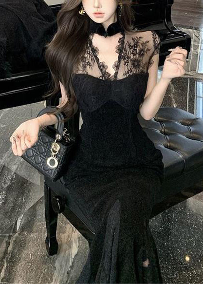 Stand Collar Lace Back Mermaid Hem Fur Trim Bolero Maxi Gown