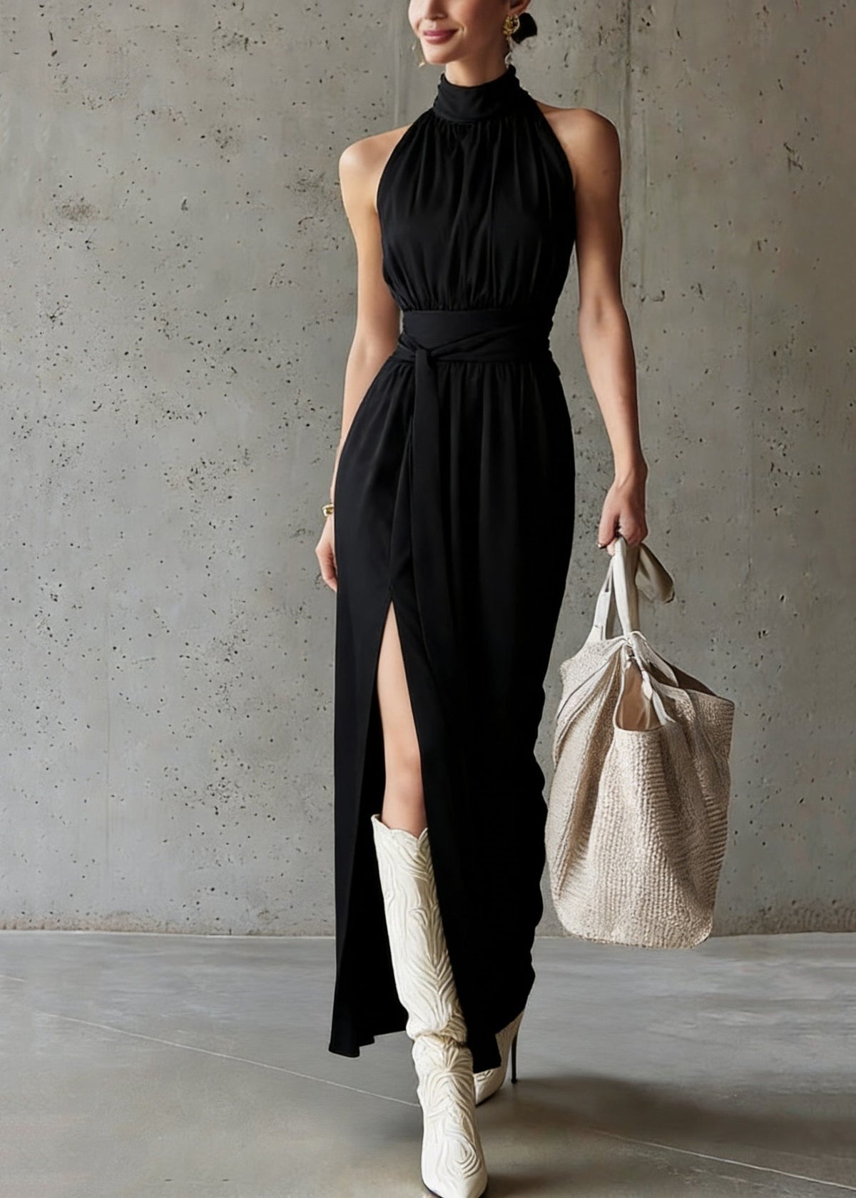 Halter Mock Neck Tie Waist Side Slit Jersey Maxi Dress