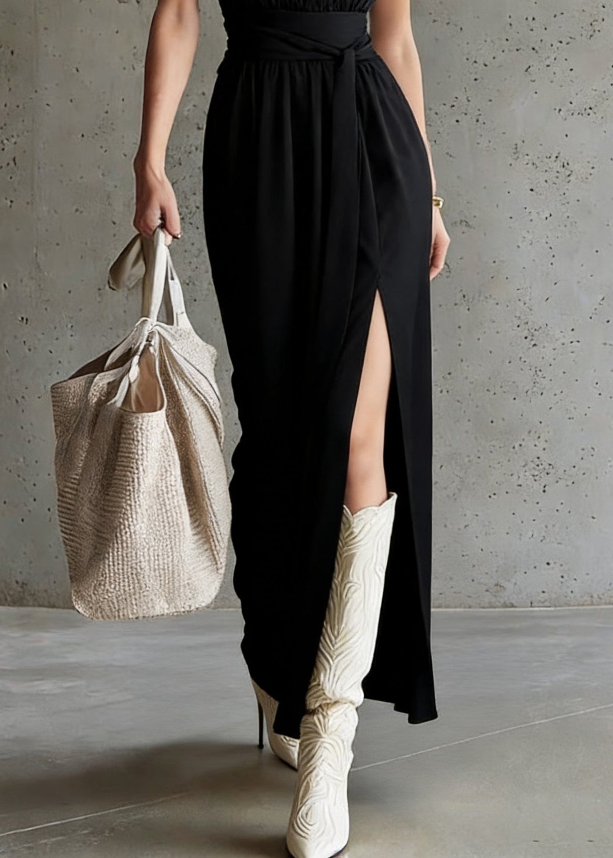 Halter Mock Neck Tie Waist Side Slit Jersey Maxi Dress