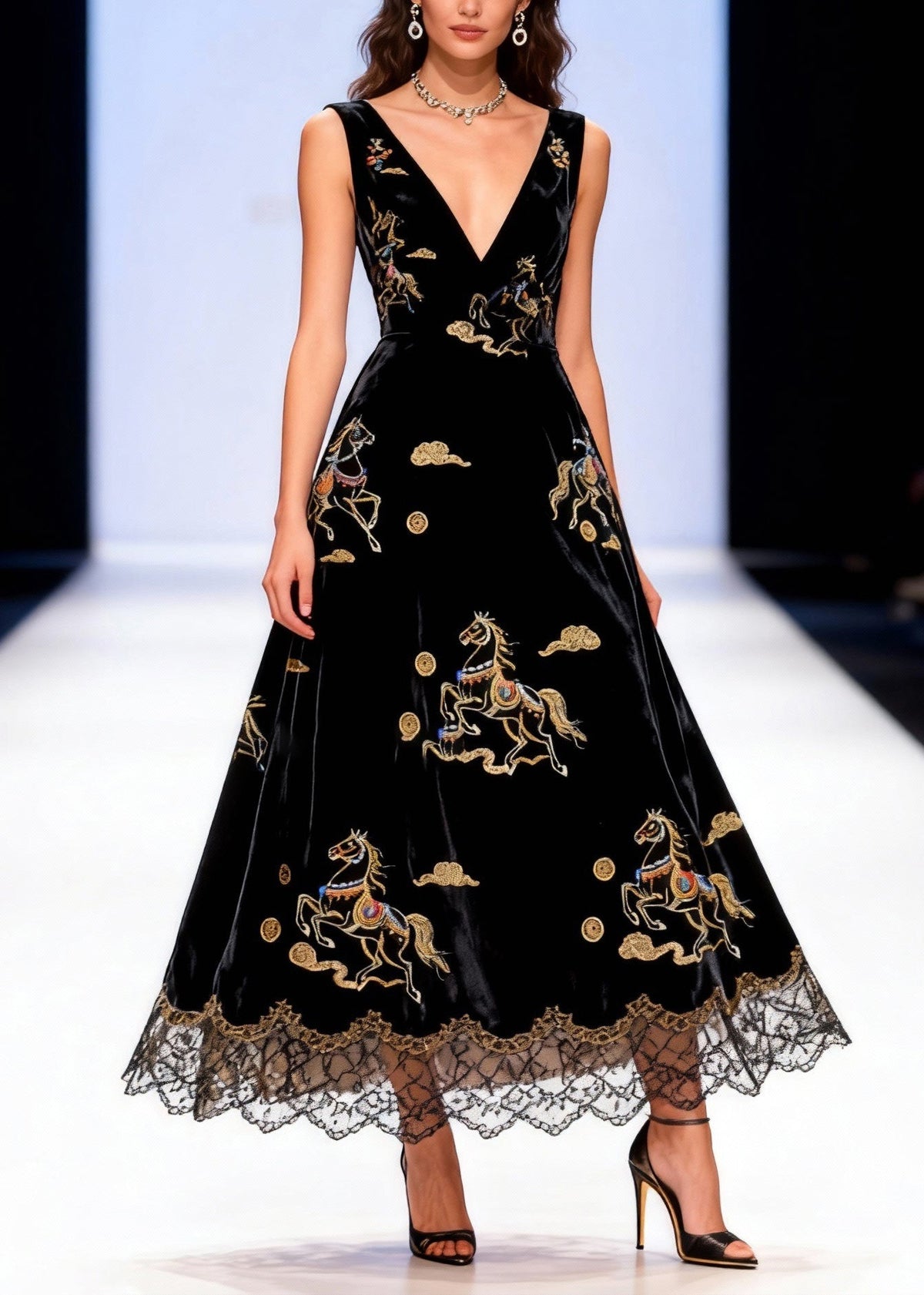 Deep V Neck Horse Embroidery Velvet Lace Hem Sleeveless Maxi Dress
