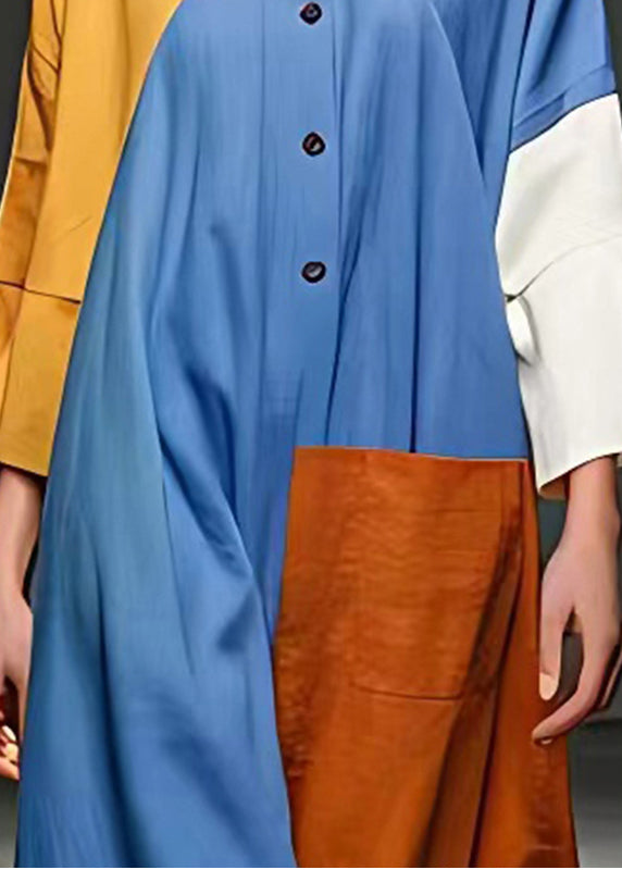 Round Neck Half Placket Colorblock Bell Sleeve Patch Pocket Dress