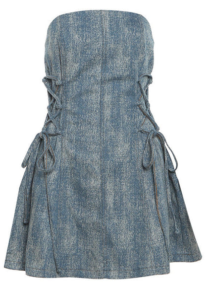 Strapless Lace Up Side Corset Fit Flare Denim Mini Dress