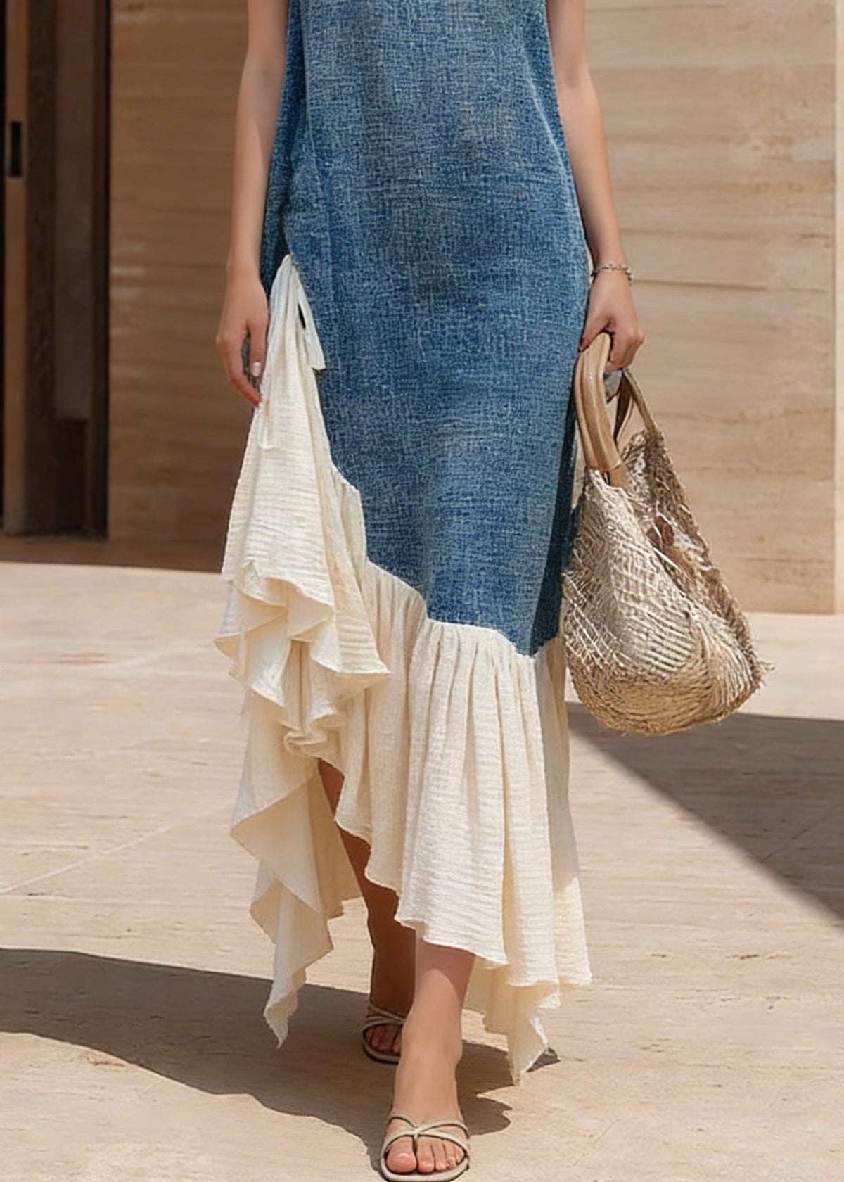 Sleeveless High Neck Textured Woven Asymmetric Ruffled Flounce Midi Dress