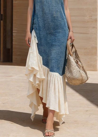 Sleeveless High Neck Textured Woven Asymmetric Ruffled Flounce Midi Dress