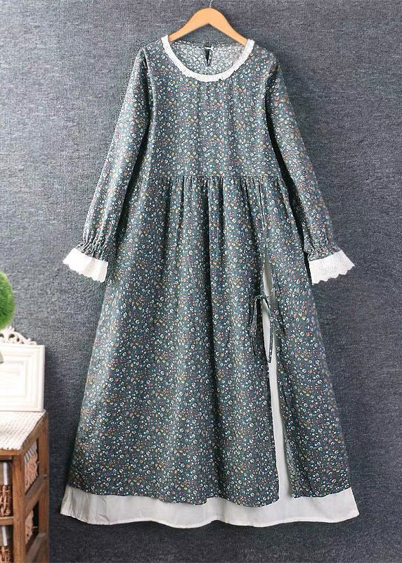 Lace Trim Collar Ruffled Cuff Ditsy Floral Side-Tie Slit Maxi Dress