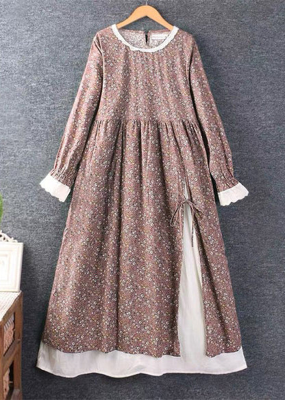 Lace Trim Collar Ruffled Cuff Ditsy Floral Side-Tie Slit Maxi Dress
