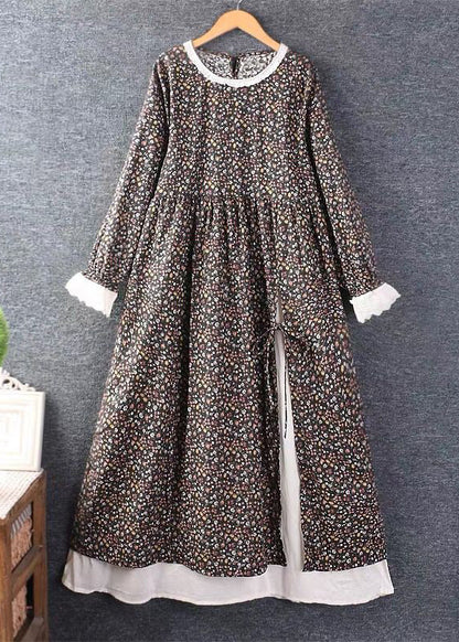 Lace Trim Collar Ruffled Cuff Ditsy Floral Side-Tie Slit Maxi Dress