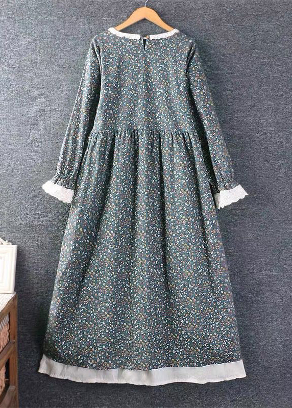 Lace Trim Collar Ruffled Cuff Ditsy Floral Side-Tie Slit Maxi Dress