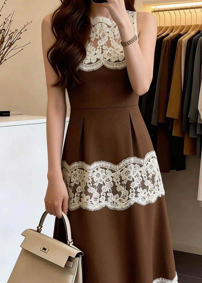 High Neck Floral Lace Yoke Scalloped Panel Sleeveless Midi Dress
