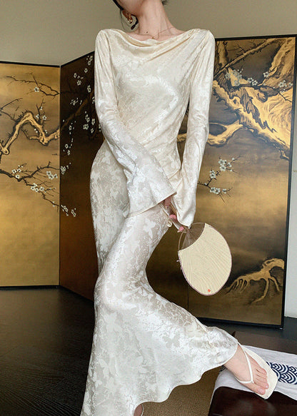 Butterfly Jacquard Cowl Neck Bell Sleeve Maxi Dress