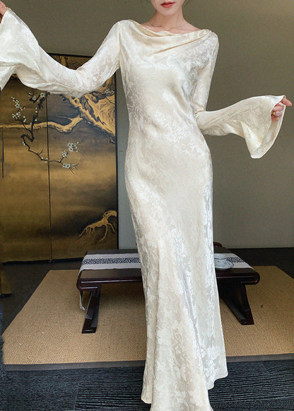 Butterfly Jacquard Cowl Neck Bell Sleeve Maxi Dress