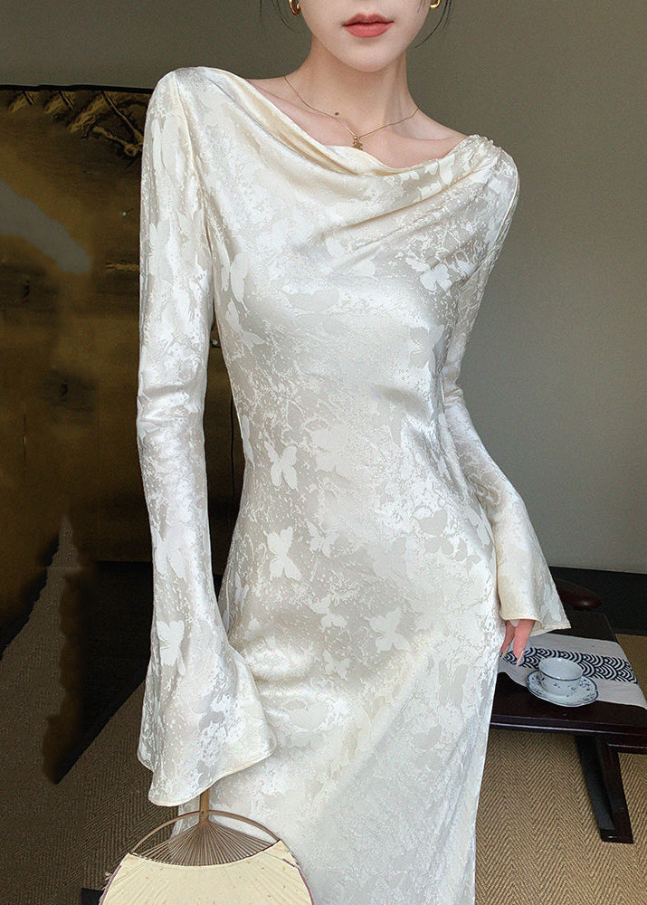 Butterfly Jacquard Cowl Neck Bell Sleeve Maxi Dress