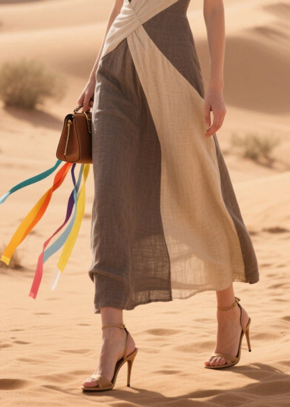 Plunge Neck Sleeveless Twisted Waist Colorblock Linen Maxi Dress