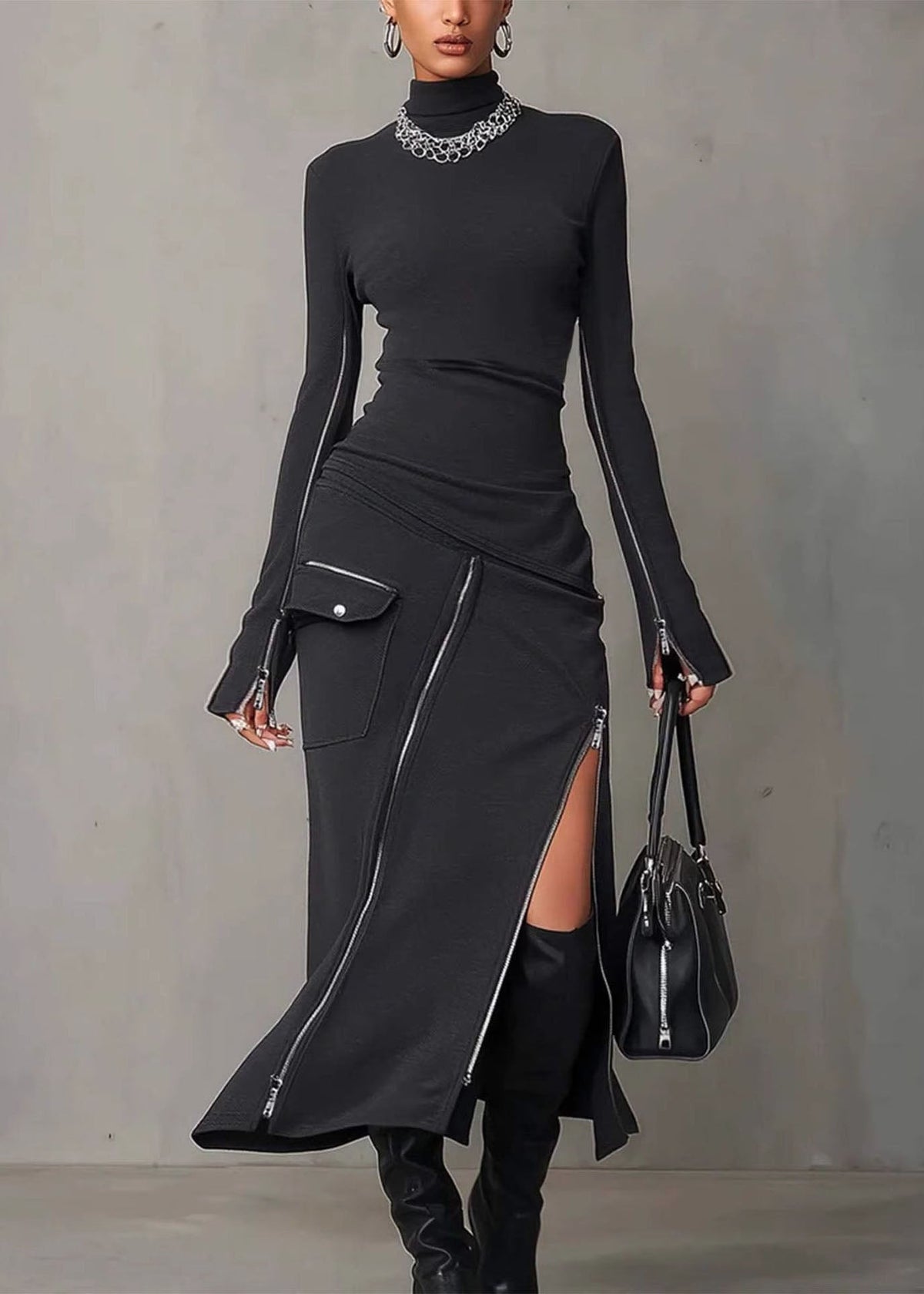 Mock Neck Zip Detail Cargo Pocket Asymmetric Slit Bodycon Maxi Dress