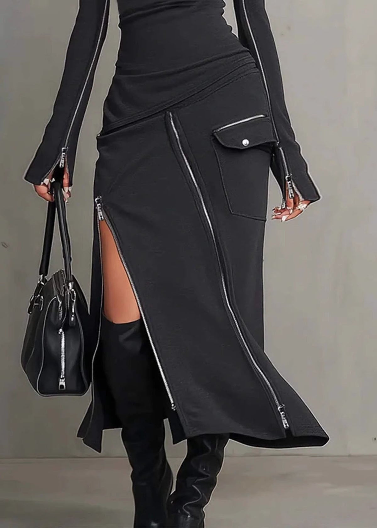 Mock Neck Zip Detail Cargo Pocket Asymmetric Slit Bodycon Maxi Dress
